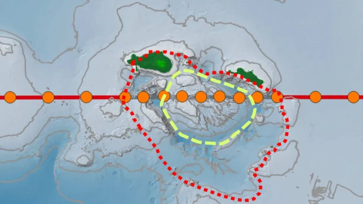 Mapa batimétrico da caldeira Kikai com domo central, caldeira externa e sismômetros submarinos alinhados (Imagem adaptada Nagaya et al. (2026), Communications Earth & Environment. Licença CC BY 4.0)