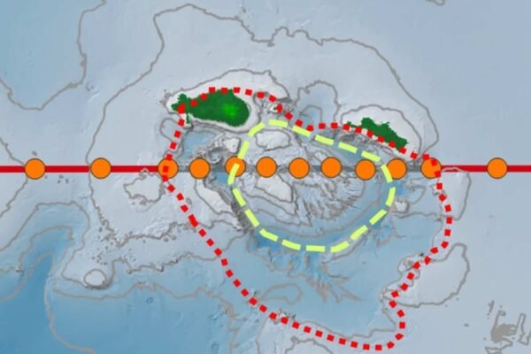 Mapa batimétrico da caldeira Kikai com domo central, caldeira externa e sismômetros submarinos alinhados (Imagem adaptada Nagaya et al. (2026), Communications Earth & Environment. Licença CC BY 4.0)