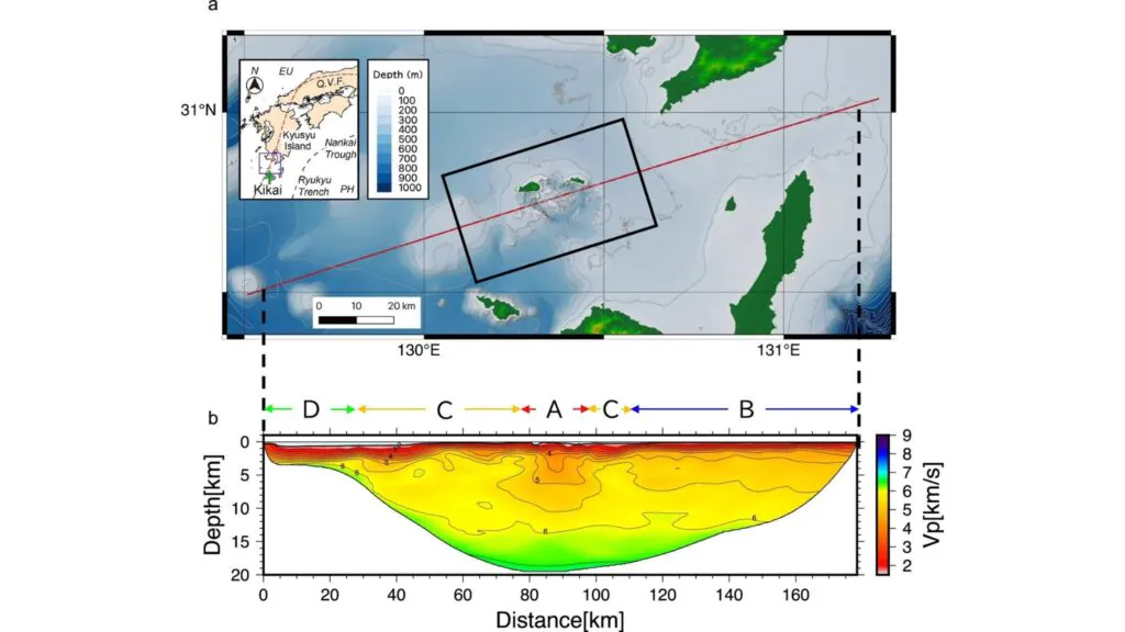 Mapa batimétrico com linha sísmica e modelo de velocidade P, destacando quatro regiões estruturais distintas (Imagem: Nagaya et al. (2026), Communications Earth & Environment. Licença CC BY 4.0)