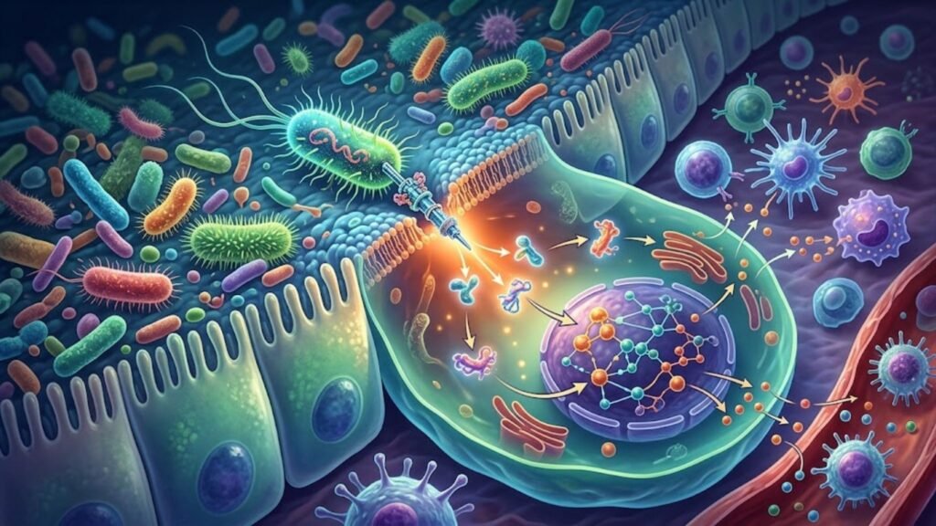 Bactérias intestinais injetam proteínas e modulam a nossa imunidade. (Foto: Fala Ciência via Gemini)