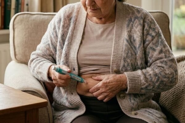 Idosa aplica injeção de semaglutida na barriga para tratamento. (Foto: Fala Ciência via Gemini)