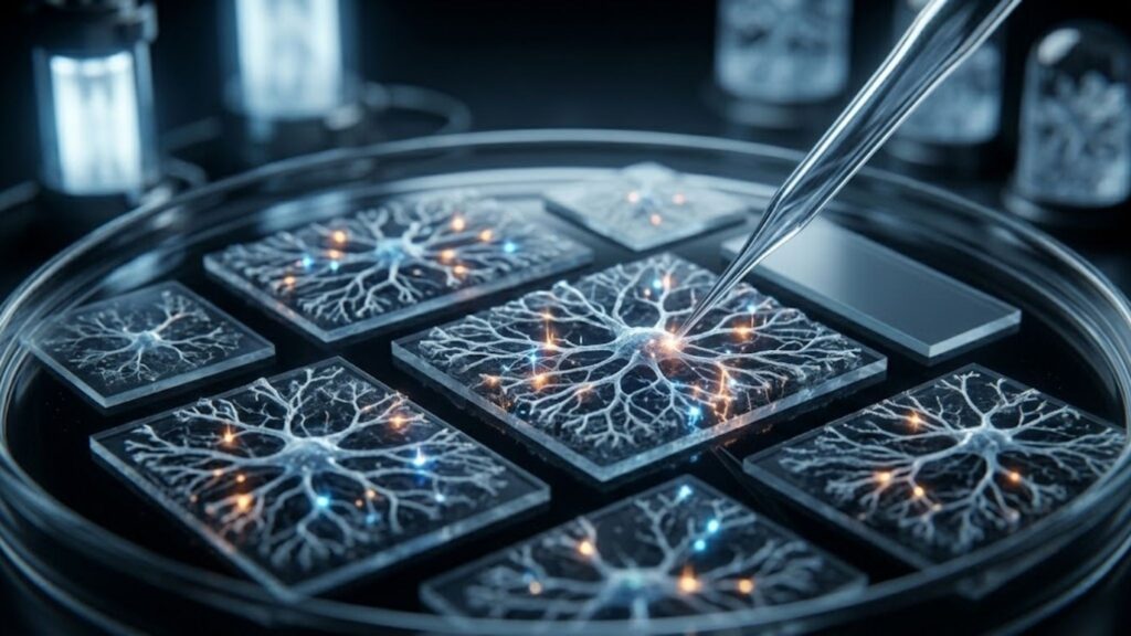Fragmentos de tecido cerebral mantêm conexões vivas em laboratório. (Foto: Fala Ciência via Gemini)