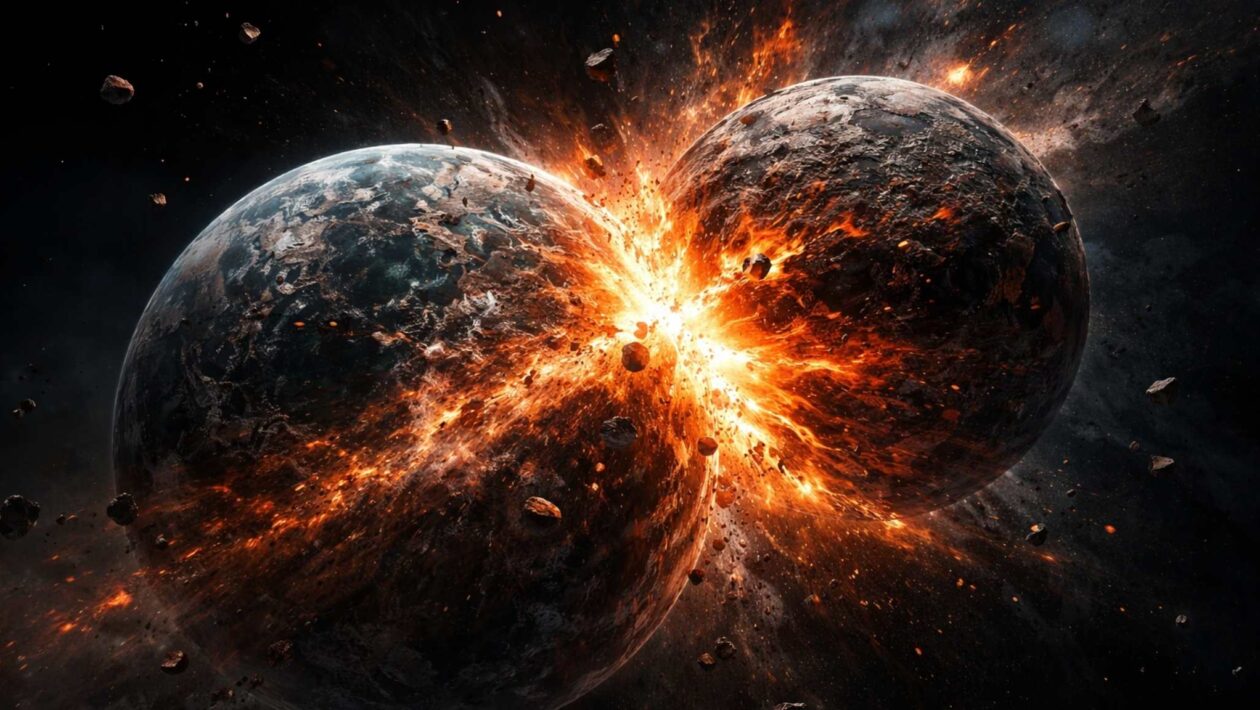 Astrônomos podem ter flagrado colisão entre dois planetas (Imagem: Fala Ciência via ChatGPT)