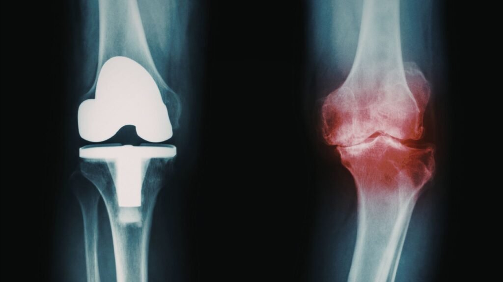 Comparação de raios-X de joelho saudável, com prótese, e artrítico. (Foto: Horia Ionescu via Canva)