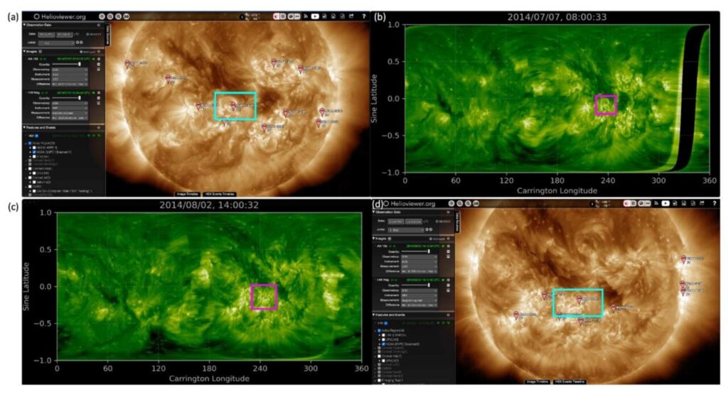 Exemplo do método usado para identificar regiões solares ativas duradouras (Imagem: Emily I. Mason and Kara L. Kniezewski 2025 ApJ 994 208)
