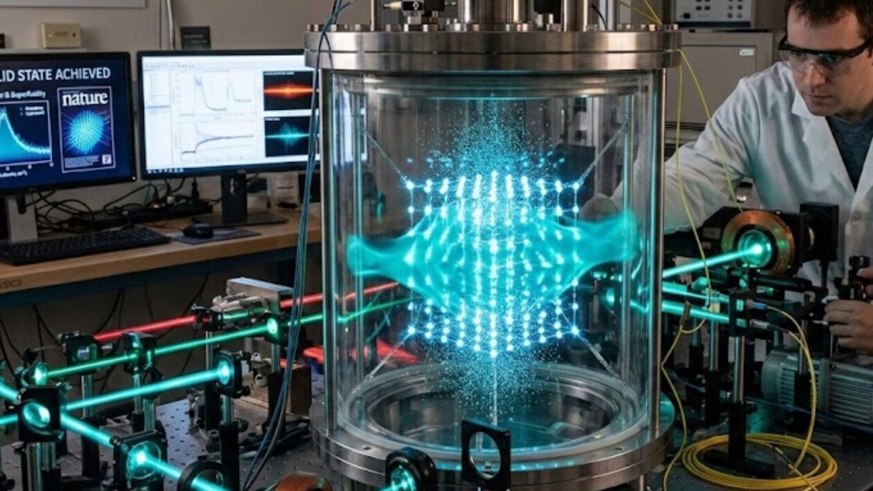Novo supersólido une rigidez de cristal e fluidez quântica (Imagem: Fala Ciência via Gemini)