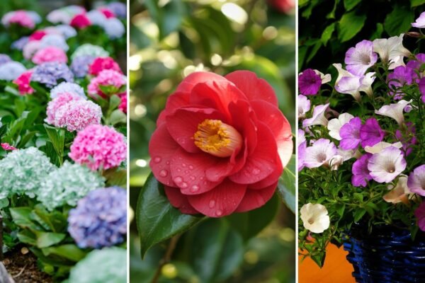Hortênsias, Camélia e Petúnias mudam de cor conforme o solo. (Fotos via Canva)