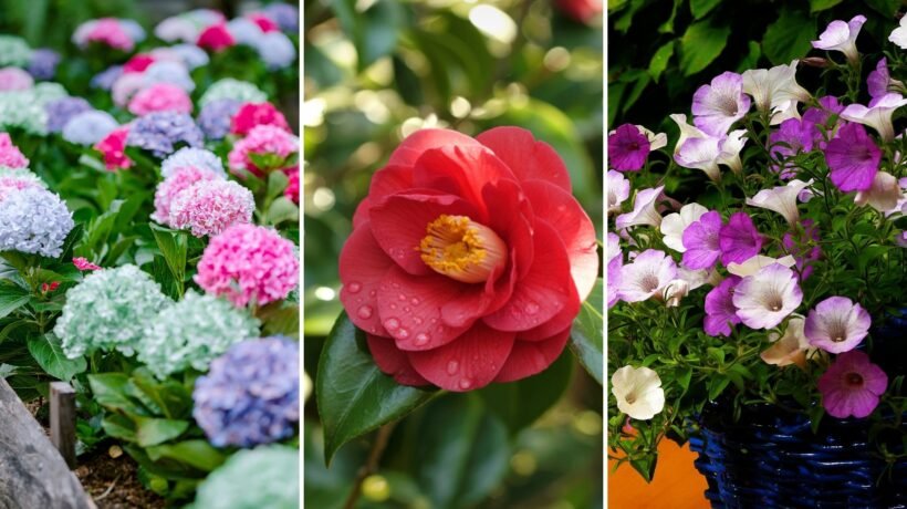 Hortênsias, Camélia e Petúnias mudam de cor conforme o solo. (Fotos via Canva)