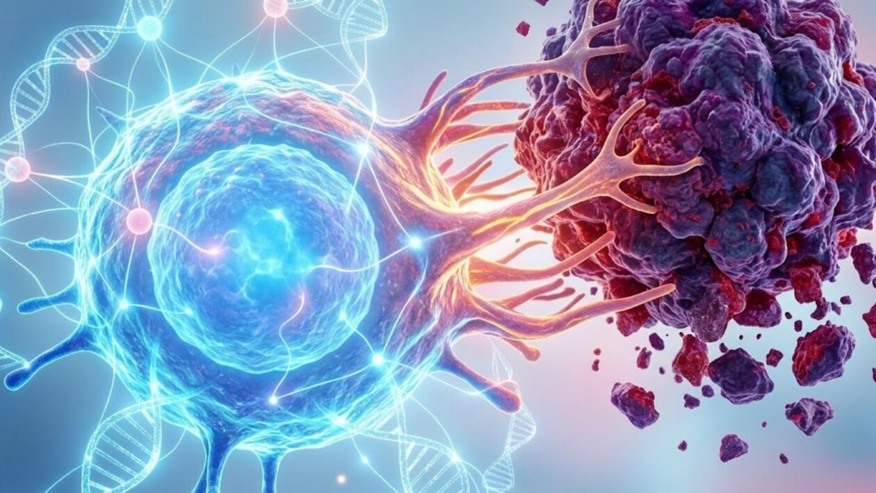 Célula T reativada (azul) destrói tumor (roxo) em terapia imunológica. (Foto: Fala Ciência via Gemini)