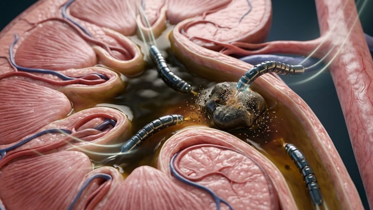 Ilustração de minirrobôs guiados por ímãs dissolvem pedras nos rins sem cirurgia. (Foto: Fala Ciência via Gemini)