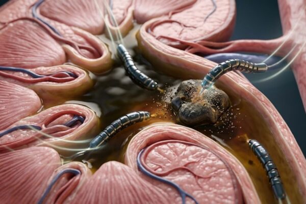 Ilustração de minirrobôs guiados por ímãs dissolvem pedras nos rins sem cirurgia. (Foto: Fala Ciência via Gemini)