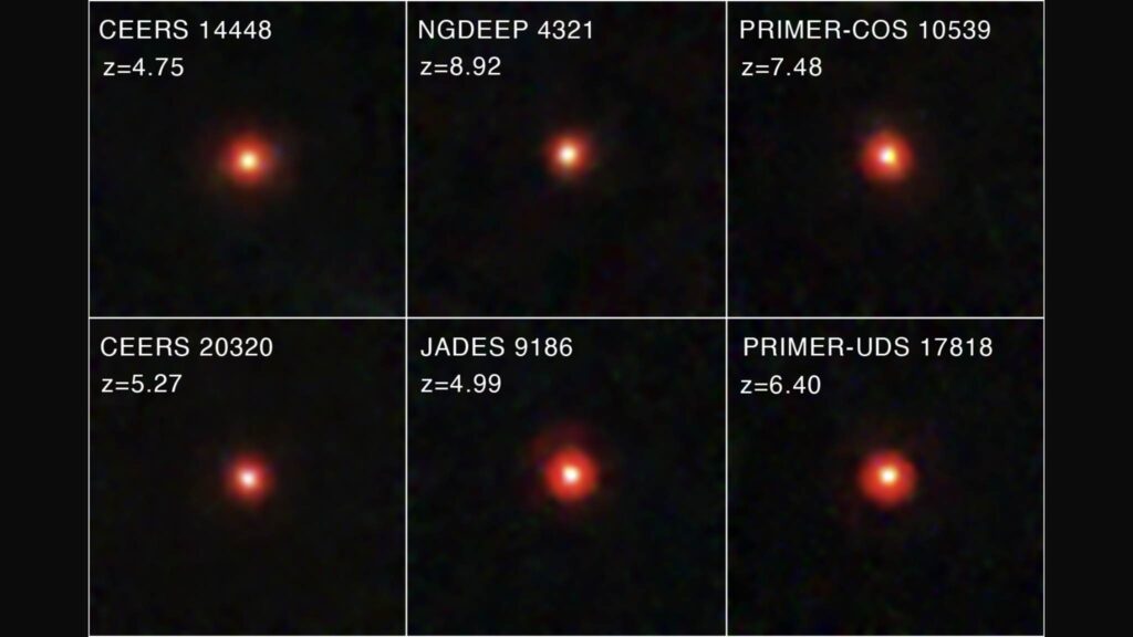 Mistério cósmico: pontos vermelhos podem ser estrelas gigantes primordiais (Imagem: NASA, ESA, CSA, STScI e Dale Kocevski – Colby College) 
