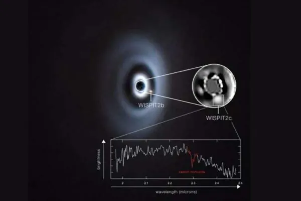 Imagem revela dois planetas em formação e CO2 confirma natureza de gigante gasoso (Imagem: ESO/C. Lawlor, RF van Capelleveen et al.)