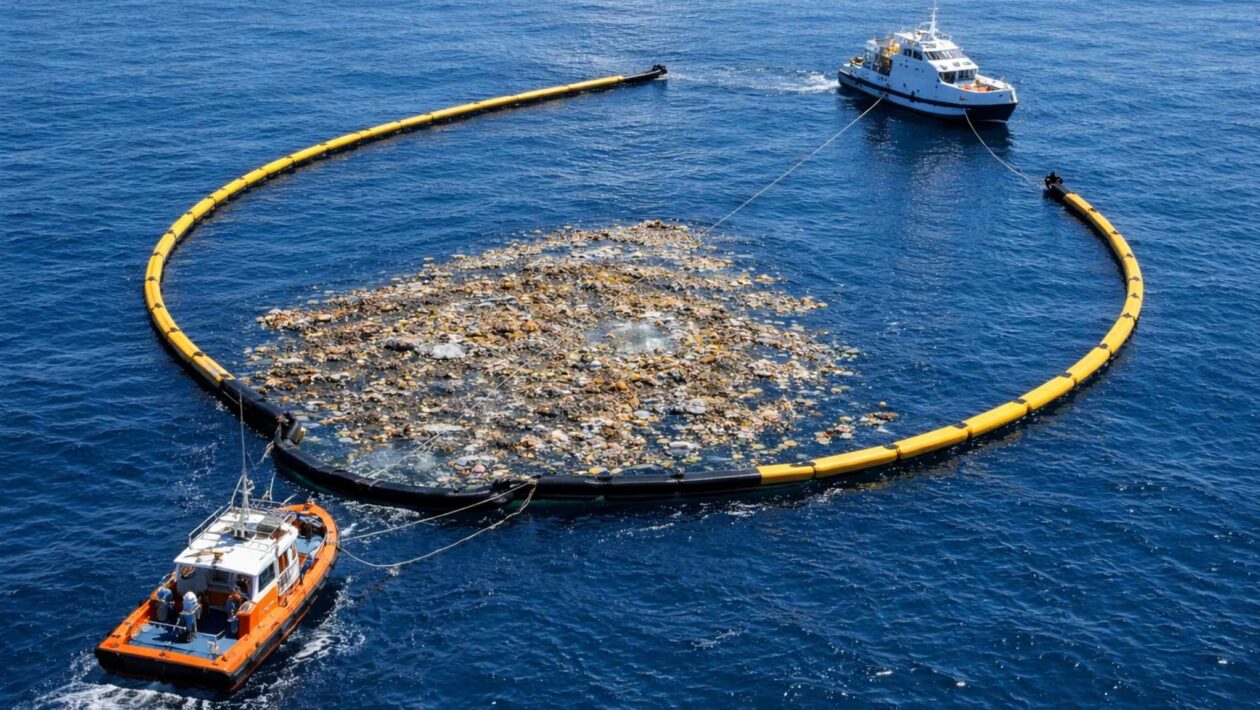 Barreiras e interceptores capturam plástico antes de chegar ao mar (Imagem: Fala Ciência via ChatGPT)