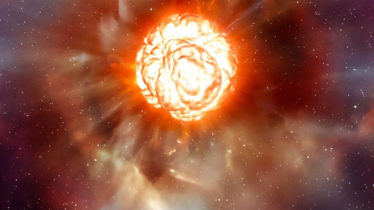 Ilustração mostra supergigante vermelha explodindo; estudo investiga interior estelar e diferenças nas curvas de luz (Imagem: ESO/L. Calçada)