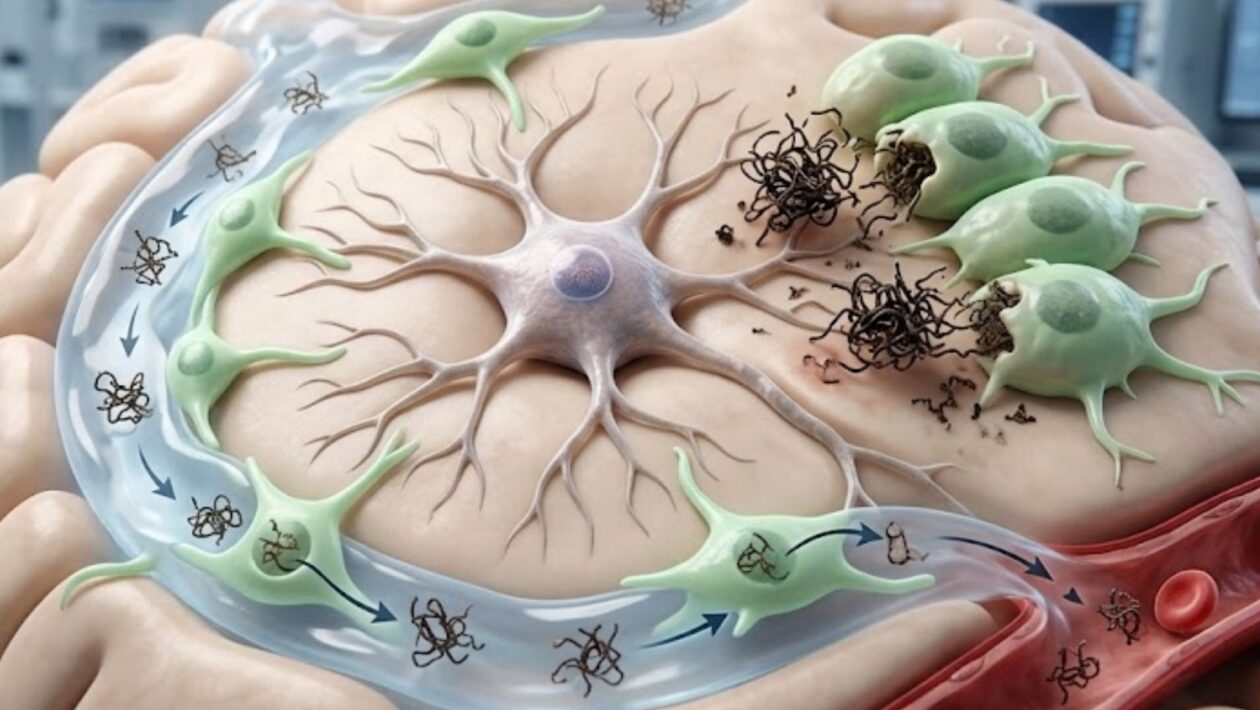 Tanicitos (verde) removendo a proteína tau para proteger os neurônios. (Foto: Fala Ciência via Gemini)