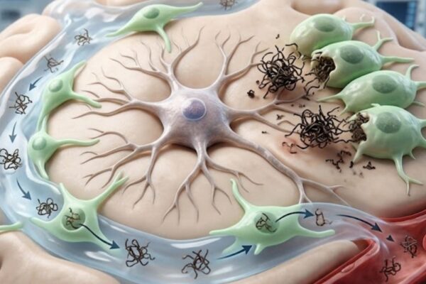 Tanicitos (verde) removendo a proteína tau para proteger os neurônios. (Foto: Fala Ciência via Gemini)