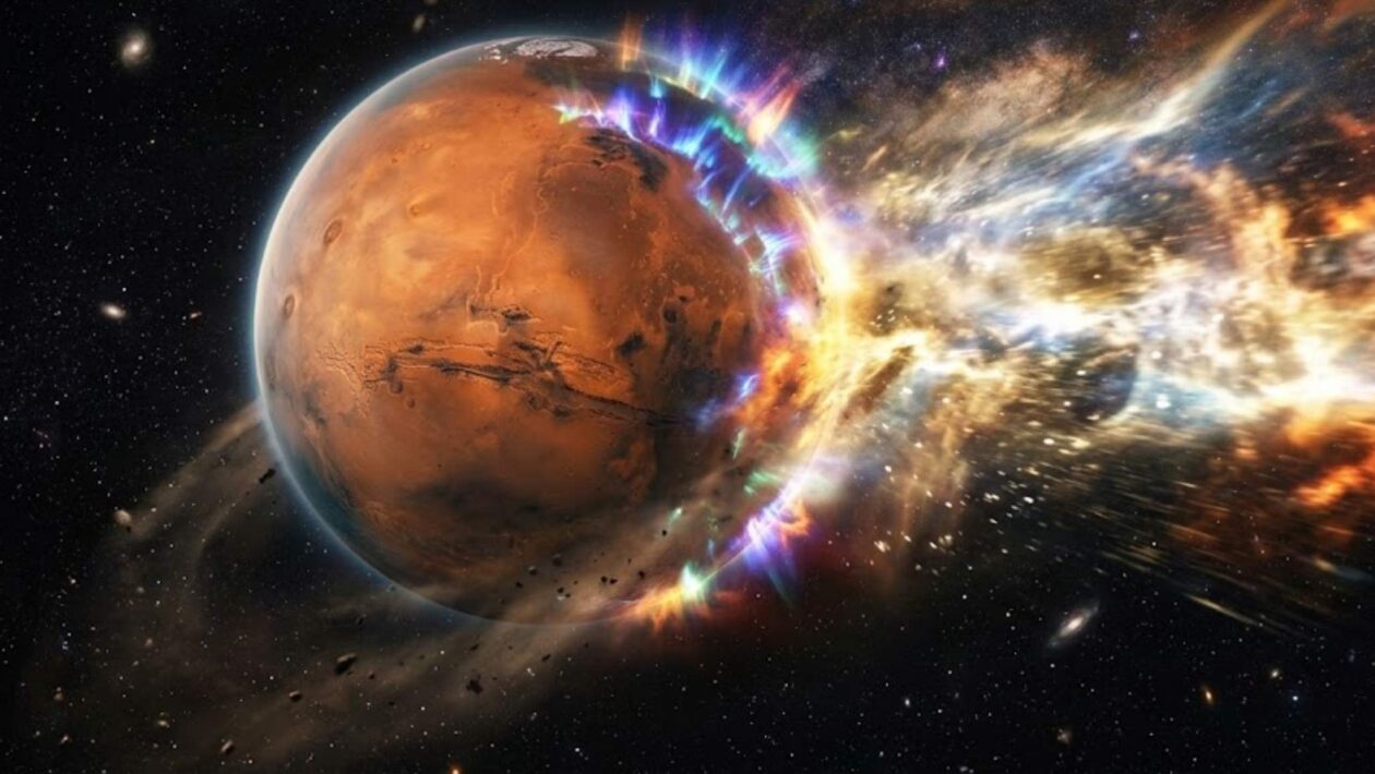 Supertempestade solar altera drasticamente a atmosfera de Marte (Imagem: Fala Ciência via Gemini)