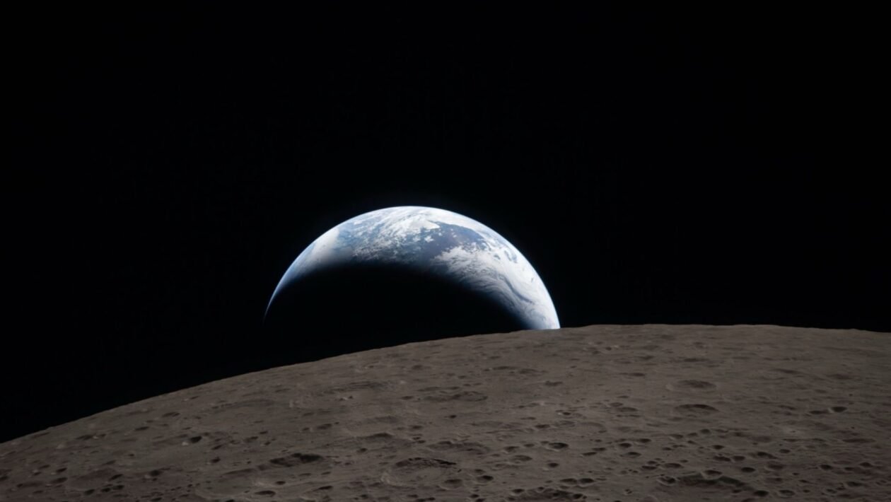 Humanidade do outro lado, primeira imagem do lado oculto da Lua com a Terra surgindo ao fundo (Imagem: NASA)