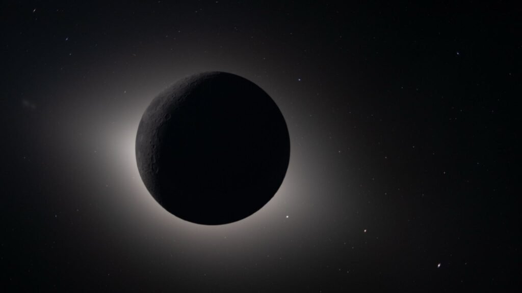 Eclipse Artemis II: da órbita lunar, a Lua encobre o Sol além da Terra. (Imagem: NASA)