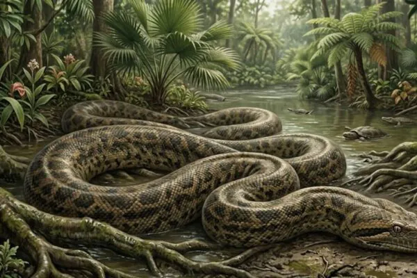 Nova cobra ancestral pode entrar para lista das maiores já descobertas (Imagem: Fala Ciência via Gemini)