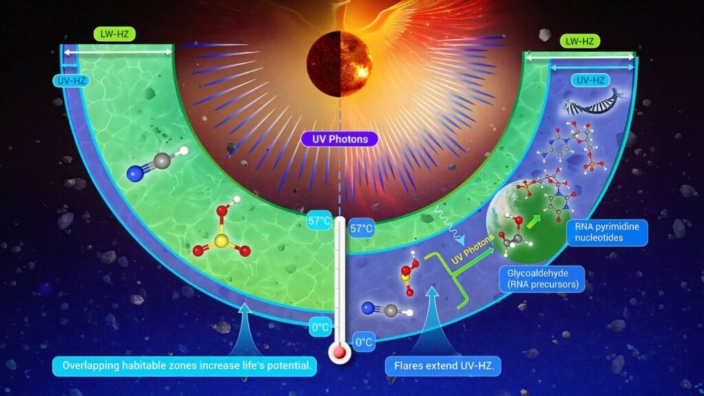 Estrelas pequenas e explosivas podem esconder mundos potencialmente habitáveis (Imagem: Gao D, Liu H, Yang M, et al., The Innovation, 2026)
