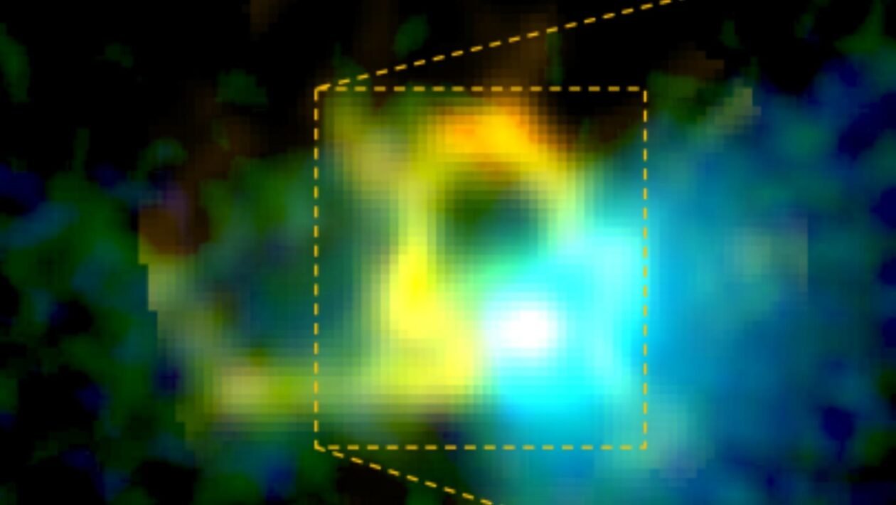 Imagem combina dados do Spitzer: verde 4,5 μm, azul 3,6 μm, laranja indica CO integrado (Imagem: Kazuki Tokuda et al 2026 ApJL 1001 L1/ CC BY-SA 4.0)