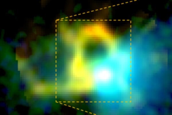 Imagem combina dados do Spitzer: verde 4,5 μm, azul 3,6 μm, laranja indica CO integrado (Imagem: Kazuki Tokuda et al 2026 ApJL 1001 L1/ CC BY-SA 4.0)