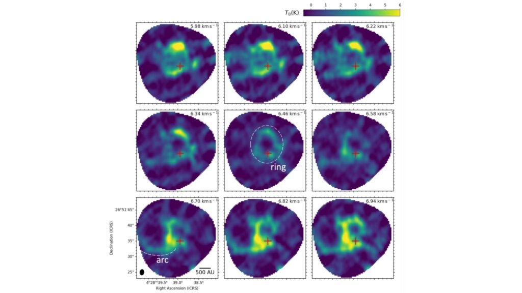 Mapas de CO em grade 3x3, resolução 0,12 km/s; cruz vermelha indica protoestrela (Imagem: Kazuki Tokuda et al 2026 ApJL 1001 L1/ CC BY-SA 4.0)