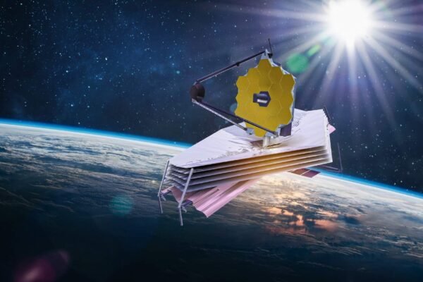 Telescópio James Webb em órbita terrestre, observatório espacial em arte sci-fi inspirada na NASA (Imagem: Getty Images via Canva)