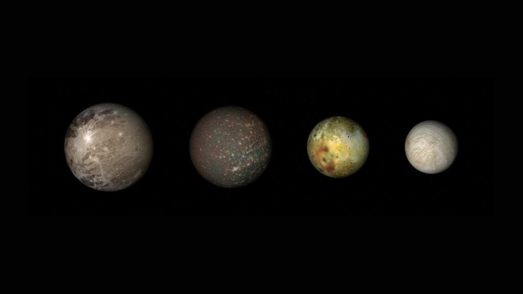 As maiores luas de Júpiter incluem Ganimedes, Calisto, Io e Europa (Imagem: Getty Images via Canva)