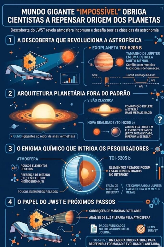Exoplaneta gigante revela química inesperada e pode mudar a astronomia (Imagem: Infográfico / Fala Ciência)
