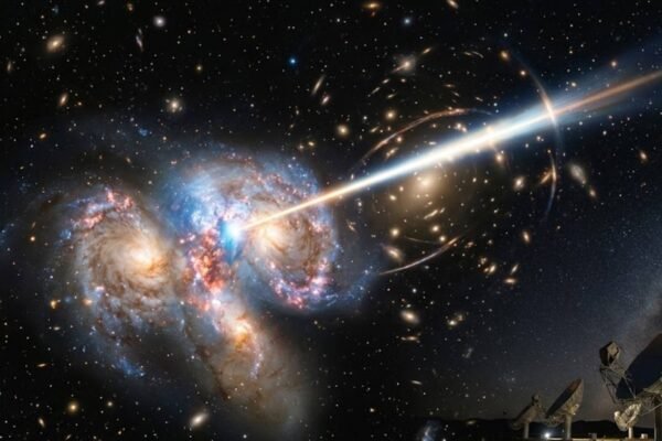 Sinal cósmico viajou bilhões de anos e revelou fusão de galáxias distantes (Imagem: Fala Ciência via Gemini)