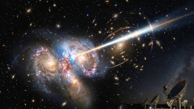 Sinal cósmico viajou bilhões de anos e revelou fusão de galáxias distantes (Imagem: Fala Ciência via Gemini)