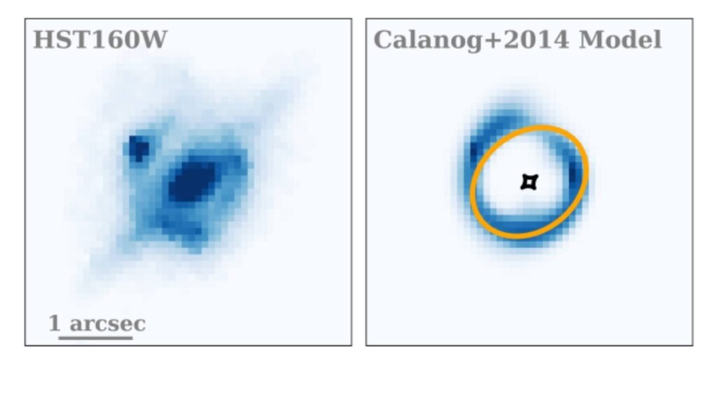 Imagem infravermelha do Hubble mostra H1429-0028 e sua lente gravitacional em destaque (Imagem: Manamela et al., arXiv)
