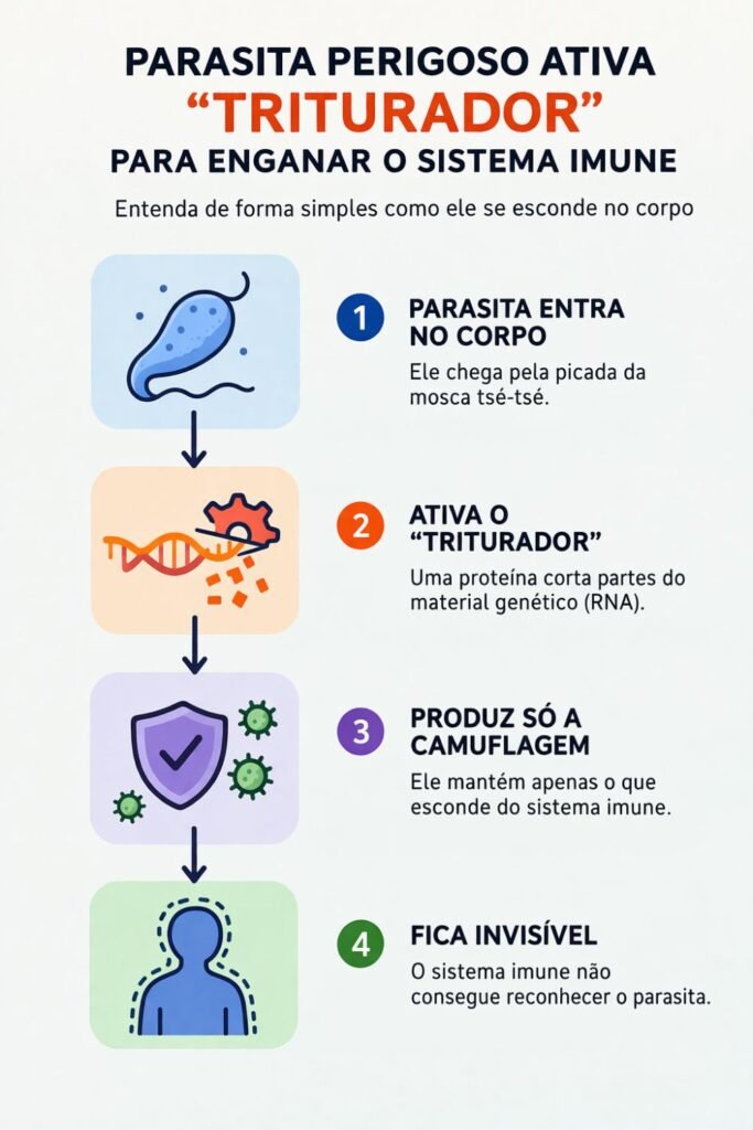 Como o parasita Trypanosoma brucei escapa do sistema imune humano. (Foto: Infográfico / Fala Ciência)