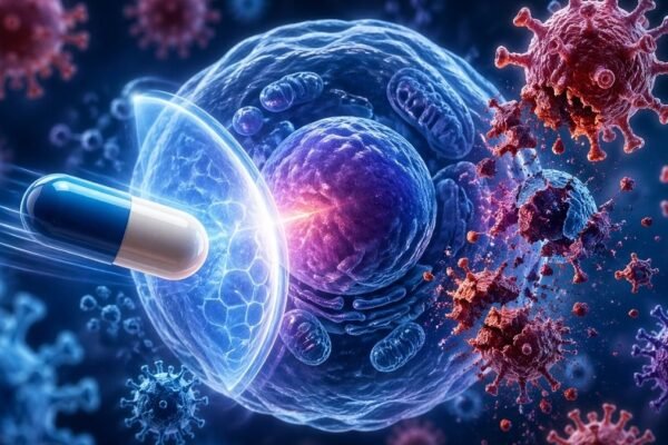 Antiviral age na célula e barra a entrada e ação dos vírus. (Foto: Fala Ciência via ChatGPT)