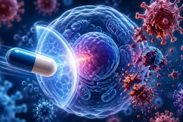 Antiviral age na célula e barra a entrada e ação dos vírus. (Foto: Fala Ciência via ChatGPT)