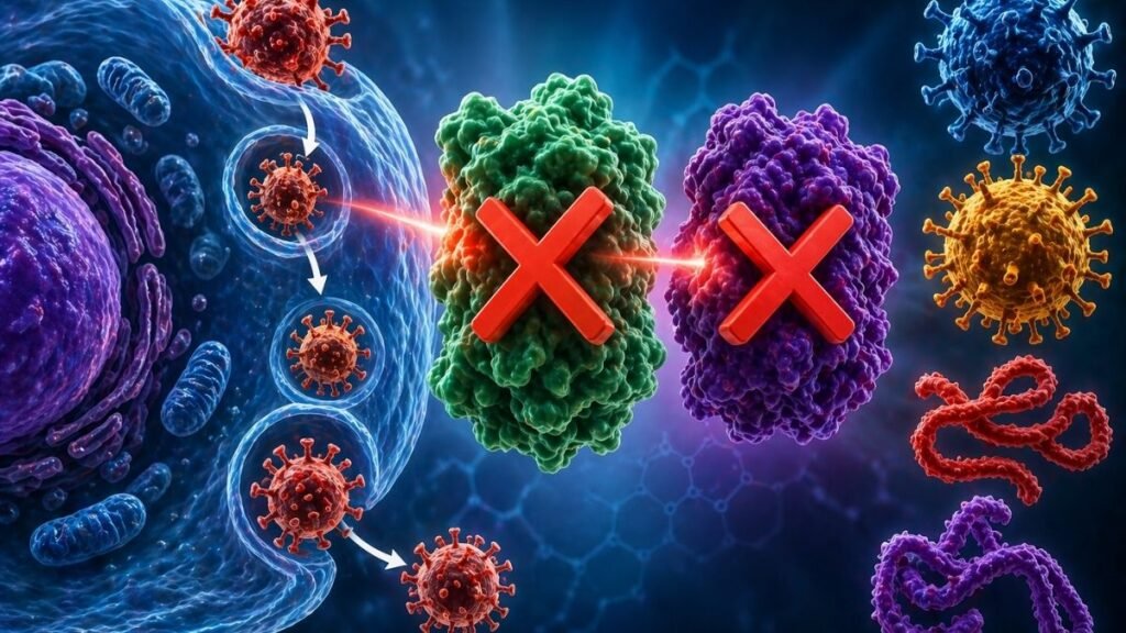 Bloqueio de enzimas impede vírus de se multiplicar nas células. (Foto: Fala Ciência via ChatGPT)