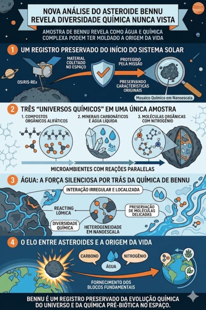 Amostra de asteroide mostra como água moldou compostos essenciais à vida (Imagem: Infográfico/ Fala Ciência)
