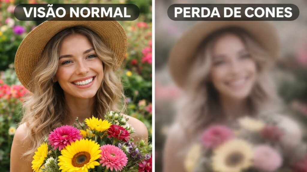 Perda de cones reduz cores e nitidez da visão. (Foto: Fala Ciência via ChatGPT)