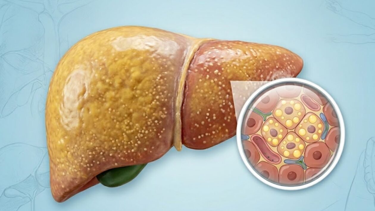 Ilustração de fígado com gordura e zoom celular mostrando o acúmulo. (Foto: Fala Ciência via Gemini)