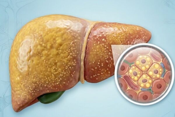 Ilustração de fígado com gordura e zoom celular mostrando o acúmulo. (Foto: Fala Ciência via Gemini)