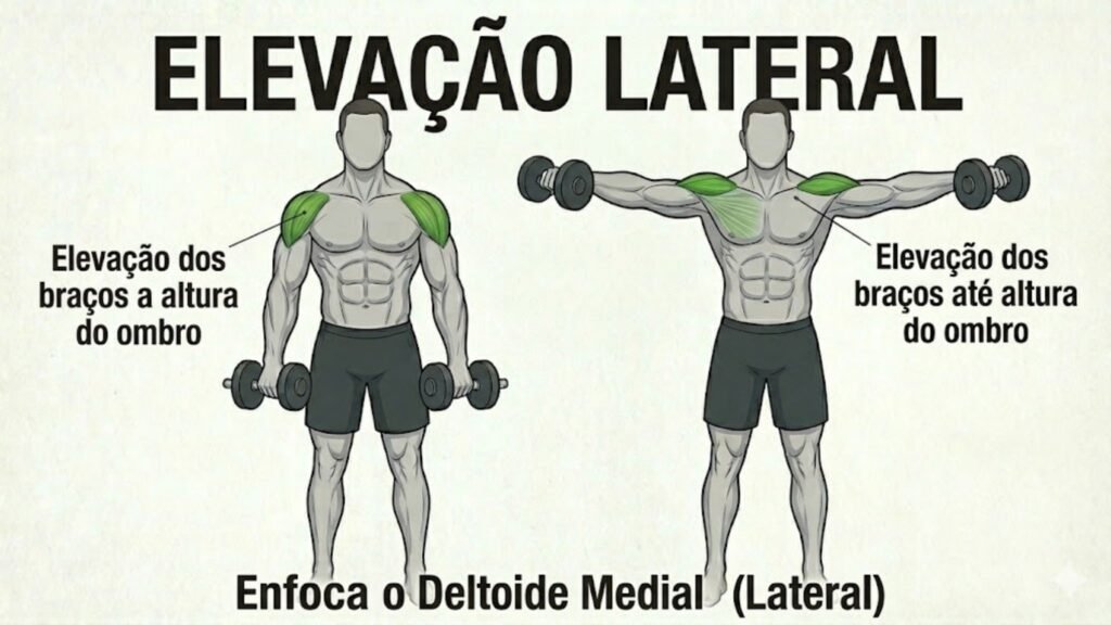 Elevação lateral: Exercício que ajuda a dar largura aos ombros. (Foto: Fala Ciência via Gemini)