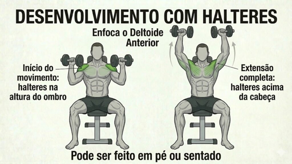 Desenvolvimento: Movimento completo para força e volume muscular. (Foto: Fala Ciência via Gemini)