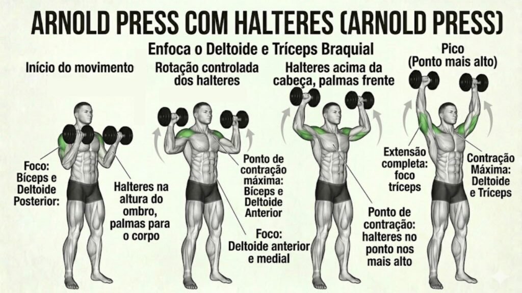 Arnold press: Exercício avançado que ativa todo o ombro. (Foto: Fala Ciência via Gemini)