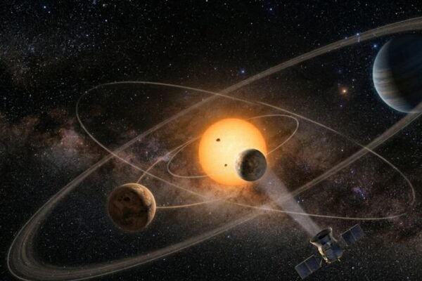Sistema TOI-201 mostra exoplanetas com órbitas mudando em tempo real (Imagem: Fala Ciência via Gemini)