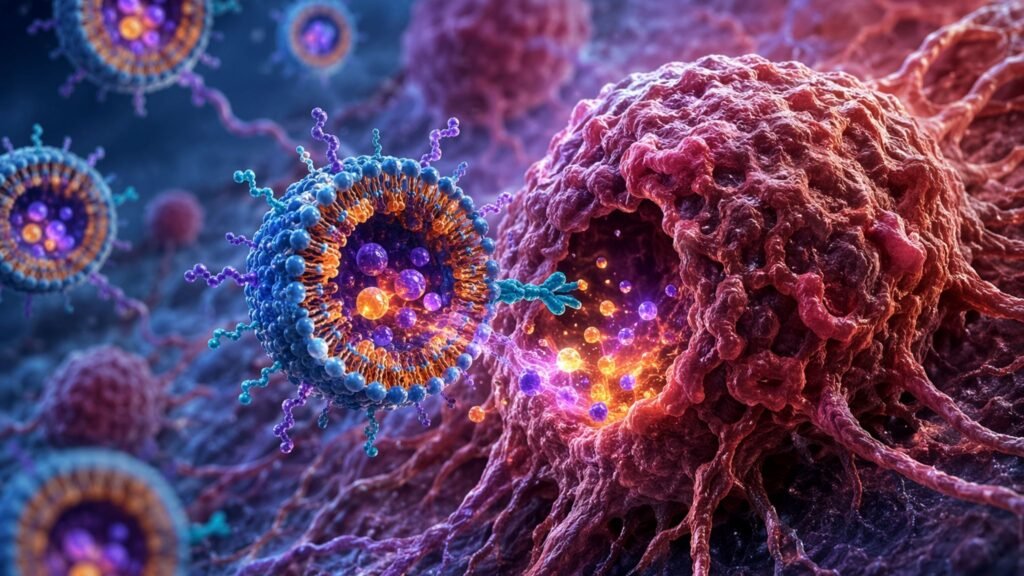 Nanopartículas atacam células tumorais com alta precisão. (Foto: Fala Ciência via ChatGPT)