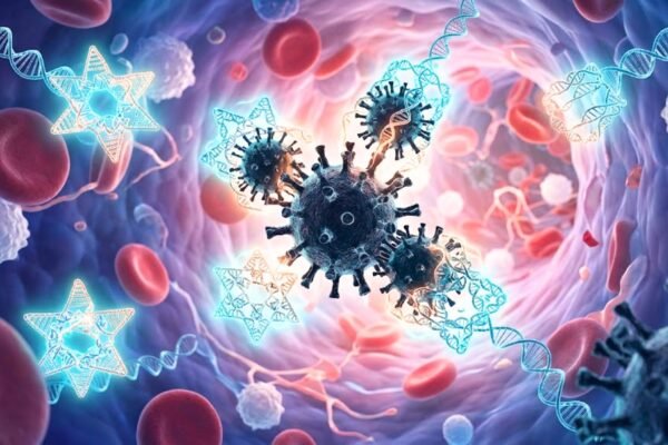 Robôs de DNA combatem vírus em tratamento médico microscópico. (Foto: Fala Ciência via Gemini)