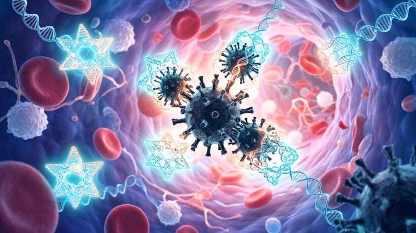 Robôs de DNA combatem vírus em tratamento médico microscópico. (Foto: Fala Ciência via Gemini)